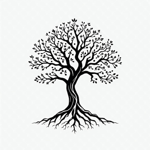 Foto silhouette di albero minimalista con radici e rami intricati design elegante della natura per l'equilibrio e l'armonia su sfondo bianco