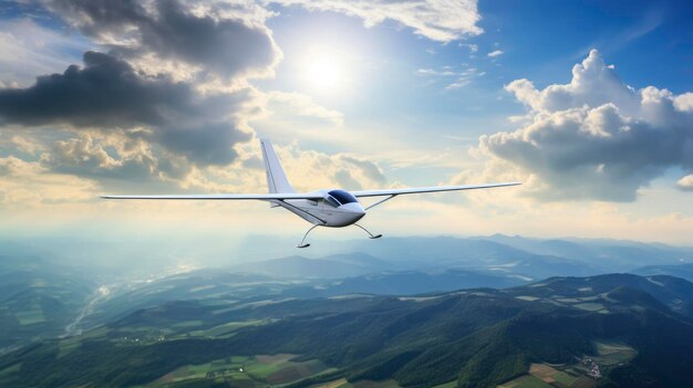 Foto moderno aereo aliante che vola nel bellissimo cielo e sullo sfondo delle cime delle montagne