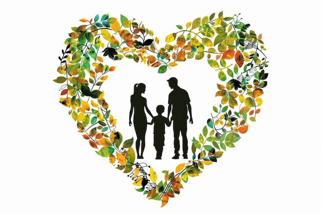 Photo mother father and son silhouette with floral and leaf love heart shape cartoon illustration on a white background