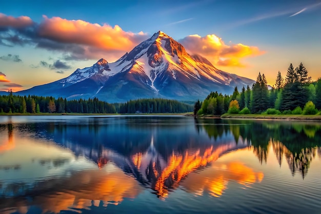 Foto una montagna si riflette in un lago con alberi e una carta da parati skynatural nuvolosa