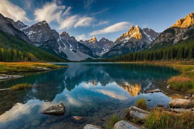 Foto un lago di montagna con una montagna sullo sfondo e una montagna nello sfondo