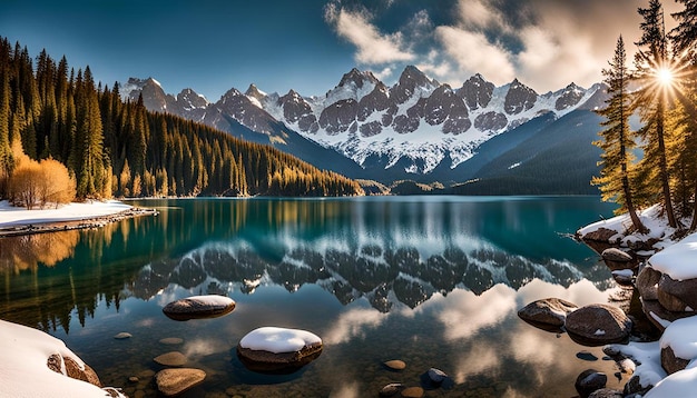 Foto lago con cime innevate