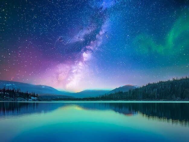 Foto paesaggio notturno cielo nocturno sopra il lago sullo sfondo foresta e montagne