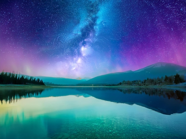 Foto paesaggio notturno cielo nocturno sopra il lago sullo sfondo foresta e montagne