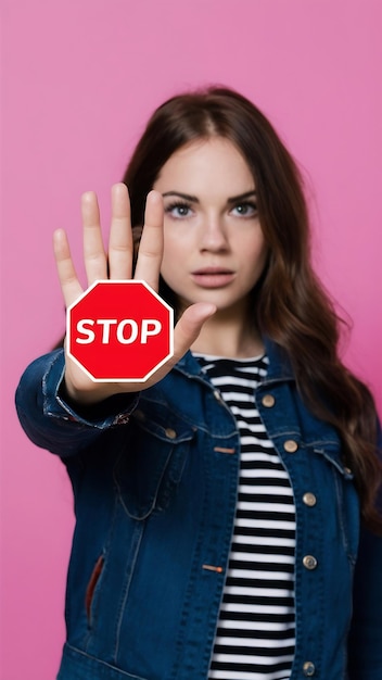 Foto niente dolci. una giovane donna seria a dieta che mostra un gesto di stop e una ciambella vetrata che disapprova il cibo spazzatura.