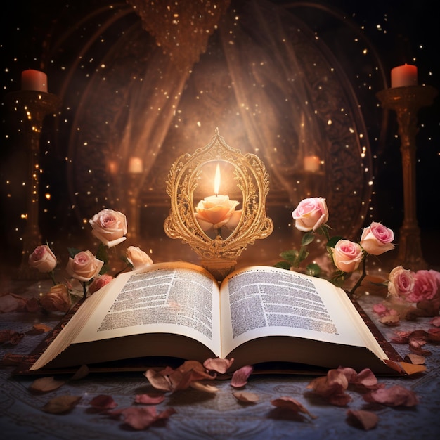 Open Prayer Book with Adorned Designs and Floating Rose in Ethereal Space