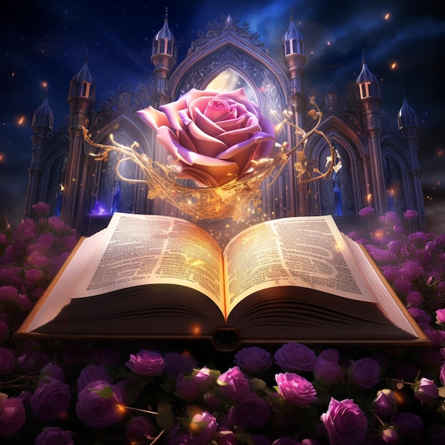 Open Prayer Book with Adorned Designs and Floating Rose in Ethereal Space