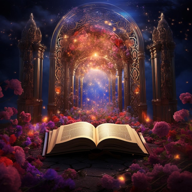 Open Prayer Book with Adorned Designs and Floating Rose in Ethereal Space