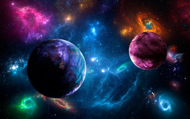 Panorama Space scene with planets, stars and galaxies. Banner template. Many Nebulae and galaxies in space, many light years away. Deep Universe. Large-scale structure 3D rendered