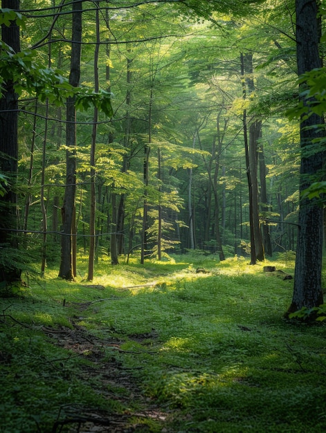 Foto un sentiero che attraversa una foresta verde e lussureggiante