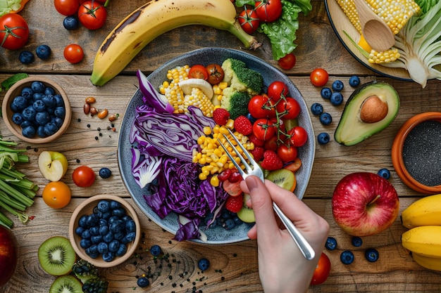 Foto persona che mangia un'insalata colorata con frutta