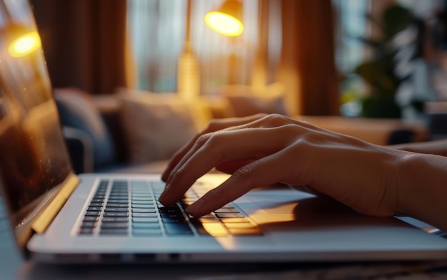 Foto una persona che scrive su un laptop con il sole che splende sulle dita