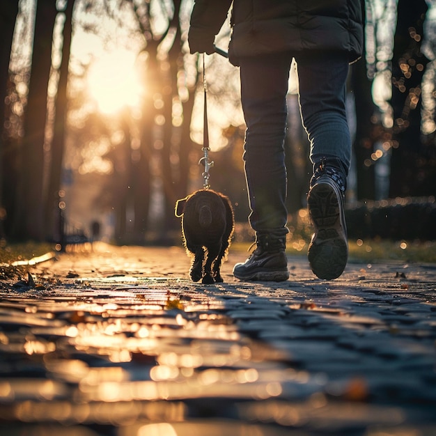 Foto una persona che fa passeggiare un cane con un guinzaglio retrattile