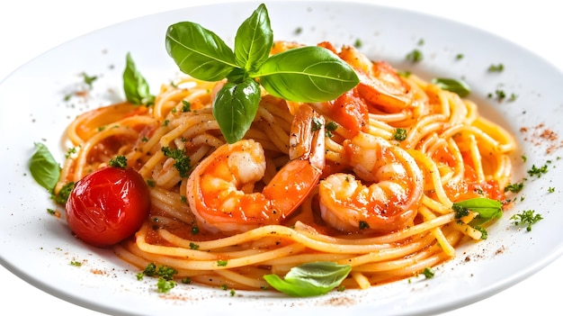 Foto piatto di spaghetti con gamberi pomodoro e prezzemolo pasta italiana cibo mediterraneo isolato