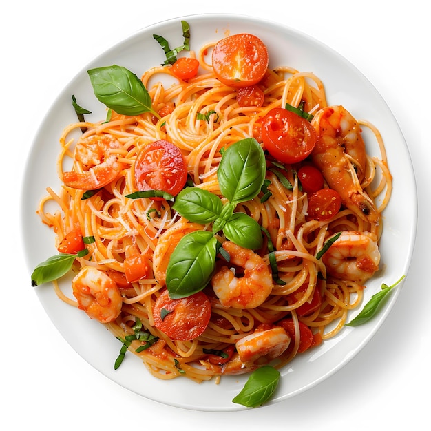 Foto piatto di spaghetti con gamberi pomodoro e prezzemolo pasta italiana cibo mediterraneo isolato