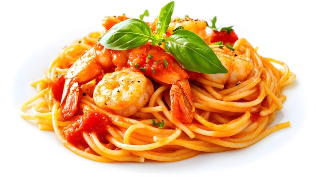 Foto piatto di spaghetti con gamberi pomodoro e prezzemolo pasta italiana cibo mediterraneo isolato