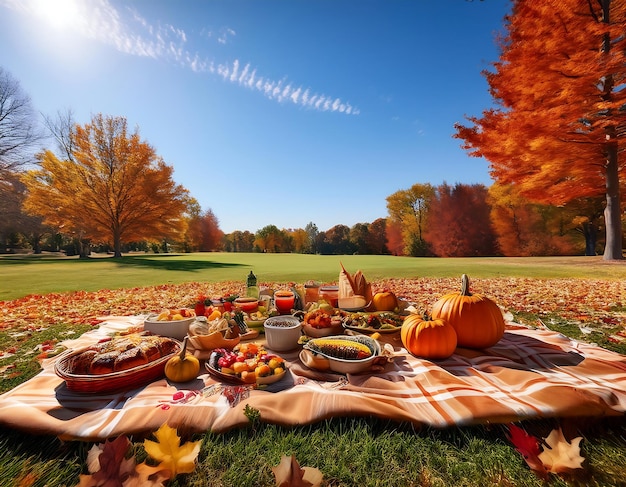 Foto un picnic con una piastra di zucca e una coperta da picnic con un albero sullo sfondo