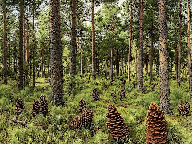 Foto foresta di pini con grandi coni di pini illustrazione