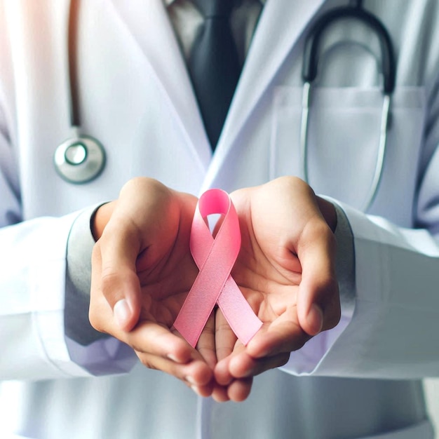 Foto il nastro rosa sulle mani degli operatori sanitari significa consapevolezza del cancro al seno