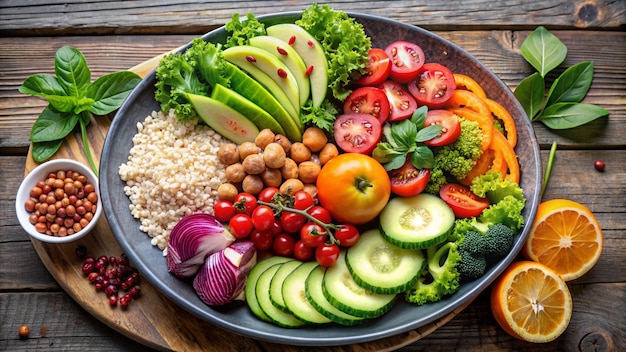 Foto un piatto di cibo con una varietà di verdure tra cui pomodori, lattuga e riso