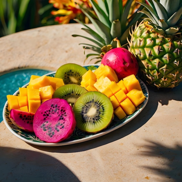 Foto un piatto di frutta con un ananas e un kiwi