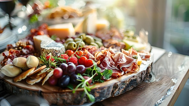 Foto un piatto di cibo con una varietà di formaggi e uva