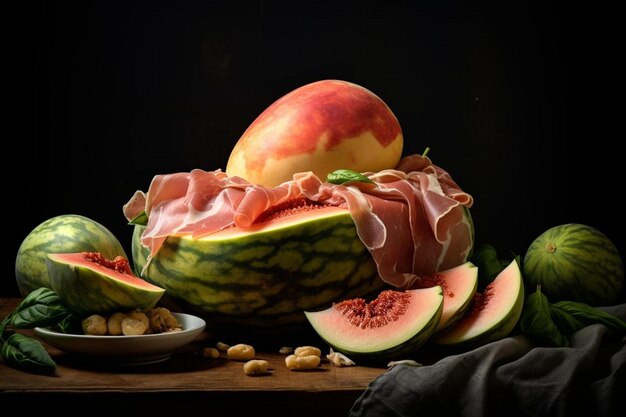 Foto prosciutto ricoperto di melone maturo prosciutto e melone fotografia alimentare