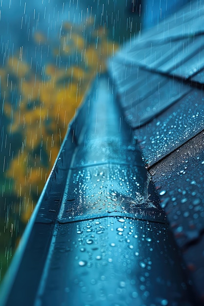 Foto la pioggia che cade dal bordo del tetto e scorre sulla gronda di alluminio sul tetto