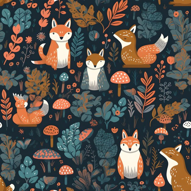 Premium AI Image | A repeating pattern of whimsical woodland creatures