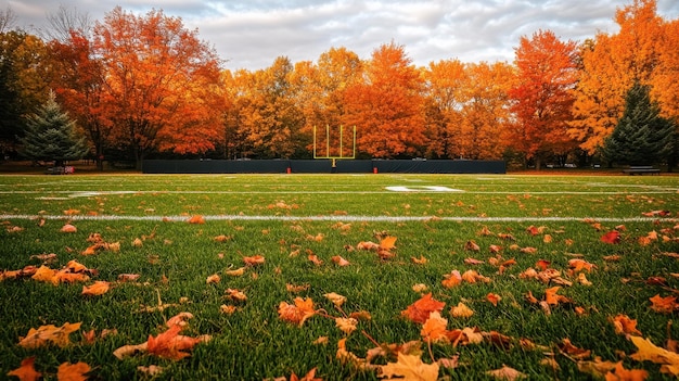 Foto una vista panoramica di un campo da calcio circondato da vivaci fogliame autunnale