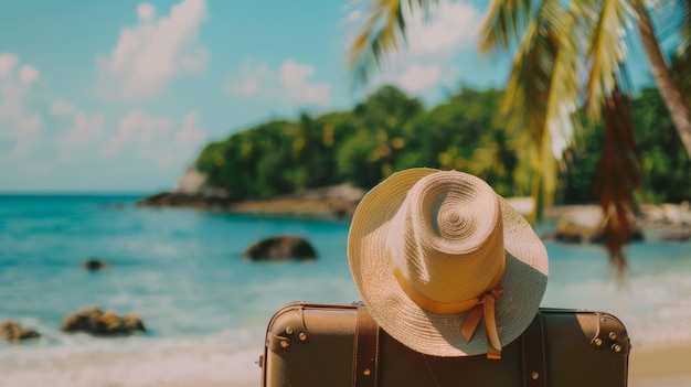 Foto una scena serena sulla spiaggia con un cappello di paglia poggiato su una valigia sullo sfondo di acqua turchese e verdura lussureggiante sotto un cielo soleggiato