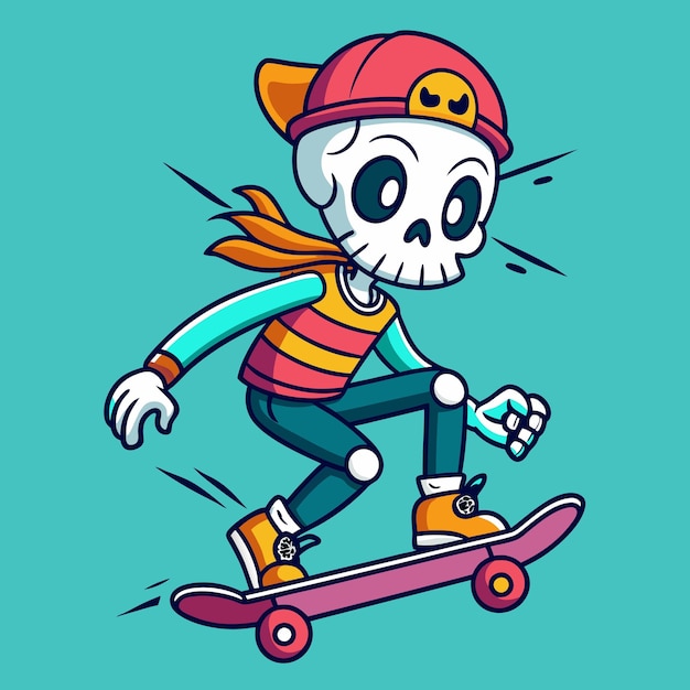 Foto scheletro su skateboard personaggio di cartone animato disegno a mano vettore