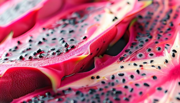 Foto un frutto del drago tagliato a fette con la sua pelle rosa vivace e i semi neri punteggiati che offrono un tocco tropicale