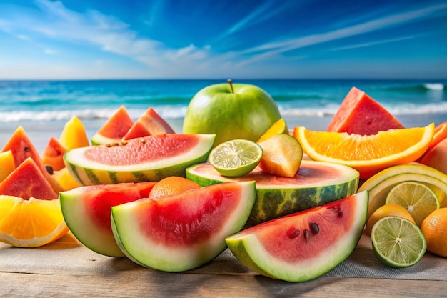 Foto fette di alcuni frutti volanti freschi e deliziosi sullo sfondo di una spiaggia