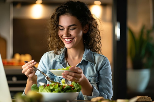 Foto donna sorridente che mangia l'insalata mentre lavora di notte a casa donna felice che usa la tecnologia wireless