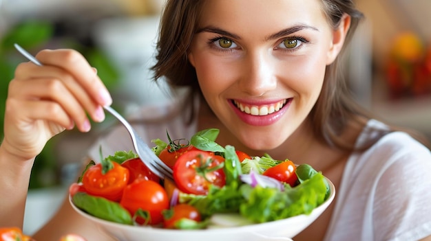 Foto donna sorridente che si gode un'insalata fresca