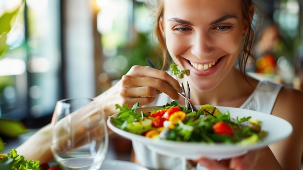 Foto donna sorridente che si gode un'insalata fresca