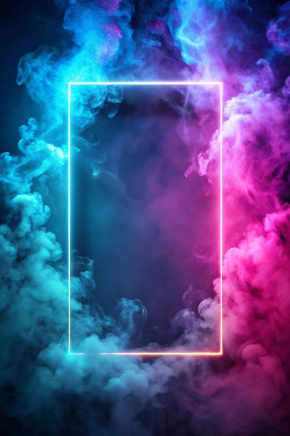 Foto cornice di fumo sfondo astratto nuvola di nebbia sfocatura rosa colore blu luce al neon disegno rettangolare su tessuto di vapore arte geometrica spazio vuoto