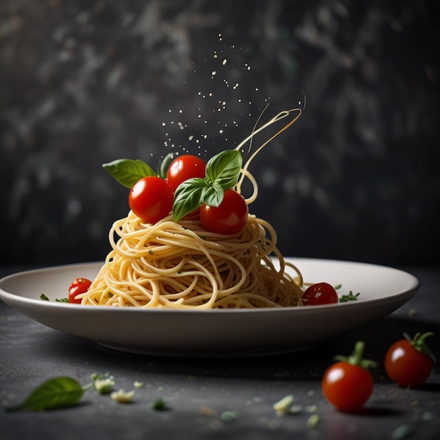 Foto pasta di spaghetti con gamberetti, pomodori di ciliegio, olio d'oliva e prezzemolo sullo sfondo grigio della tavola