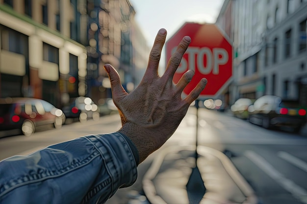 Foto in piedi con la mano tesa che mostra il segnale di stop che ti impedisce