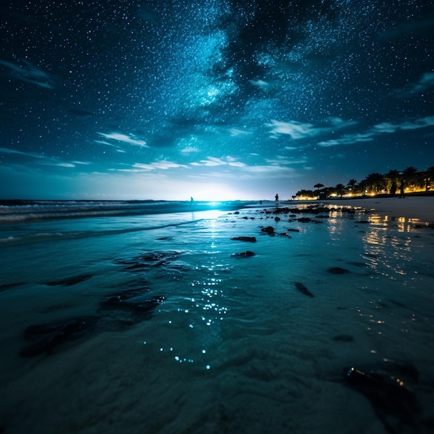 Foto cielo stellato sopra l'oceano e la spiaggia di notte generativo ai