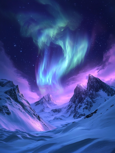 Foto una splendida aurora viola illumina le montagne innevate sotto un cielo stellato