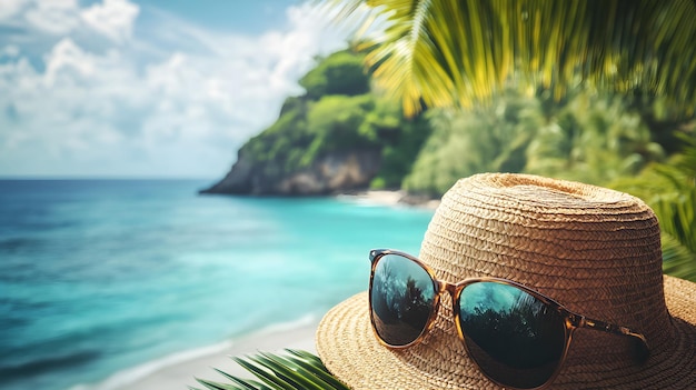 Foto occhiali da sole e cappello di paglia su una spiaggia tropicale