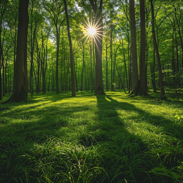 Foto la luce solare filtra attraverso gli alberi della foresta