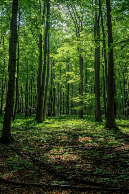 Foto la luce del sole che splende attraverso il baldacchino degli alti alberi nella foresta verde e lussureggiante