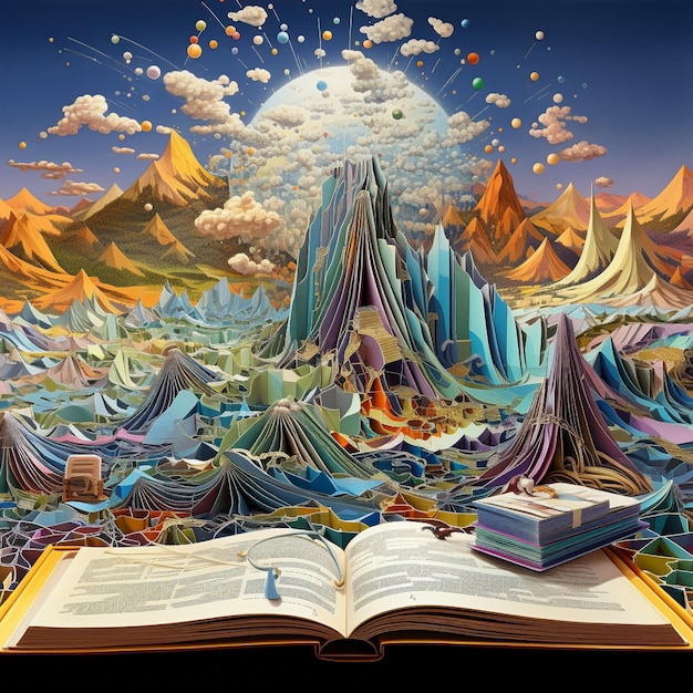 Surreal landscape of vibrant ledger book mountains with cascading pages