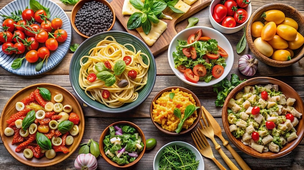 Foto un tavolo pieno di cibi diversi tra cui verdure e pasta