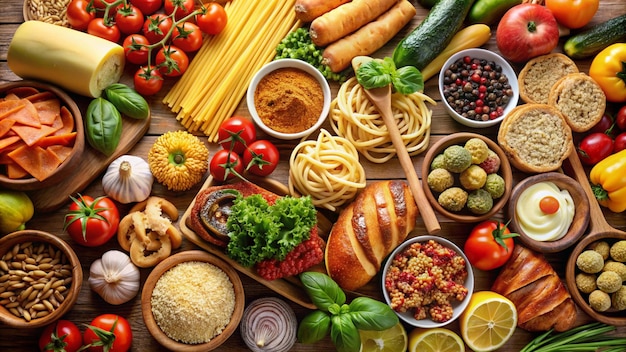 Foto un tavolo pieno di cibo tra cui pasta, verdure e una varietà di verdure