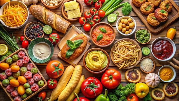 Foto un tavolo pieno di cibo tra cui verdure, fagioli e pasta