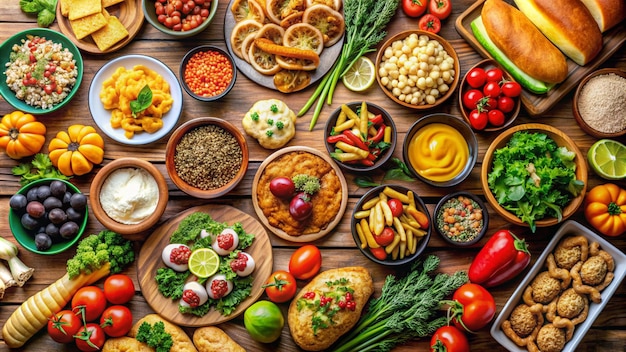 Foto un tavolo pieno di cibo, comprese verdure, pomodori e altri alimenti